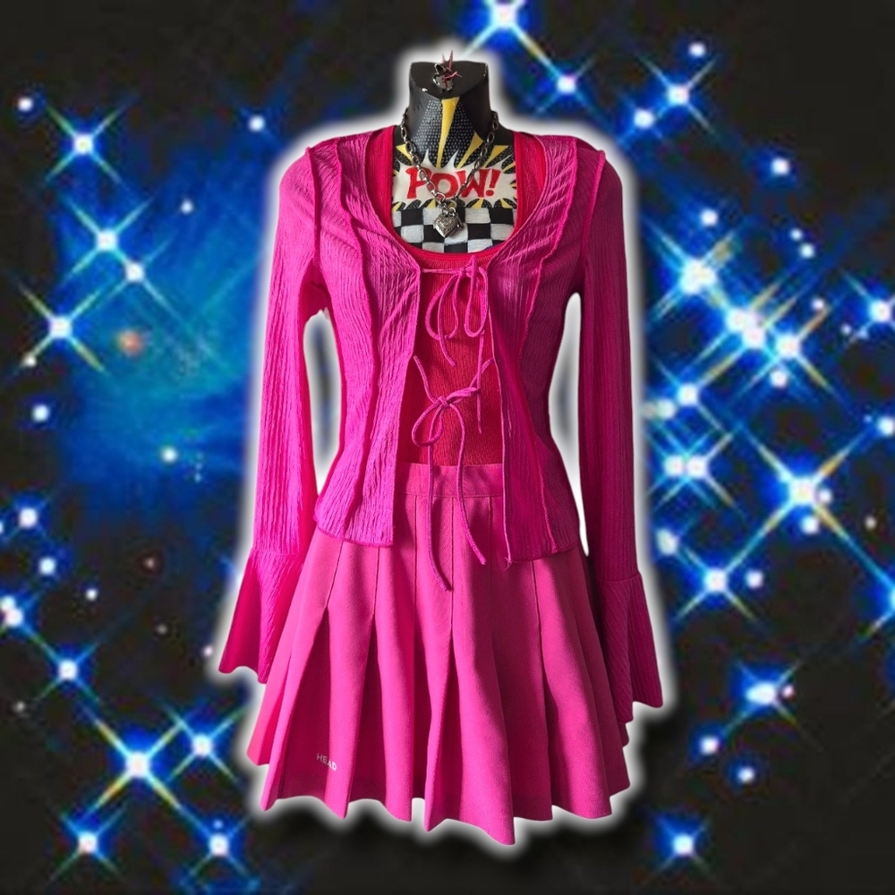 Valentine's Bright Pink Ribbed Long Sleeve Tie Front Bell Sleeve Top Bimbo Y2K